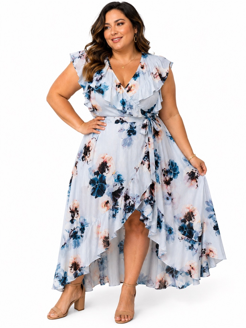 Jennifer Lopez Ruffle Wrap Dress Watercolor Floral Cold Shoulder XL